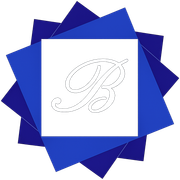 Blue layered geometric logo with a white center and a cursive letter B
