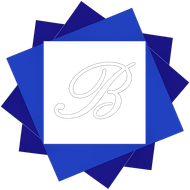 Blue layered star logo with a white center and a gray cursive letter “B”