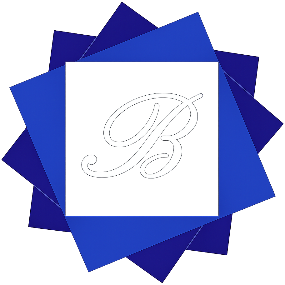 Blue layered geometric logo with a white center and a cursive letter B