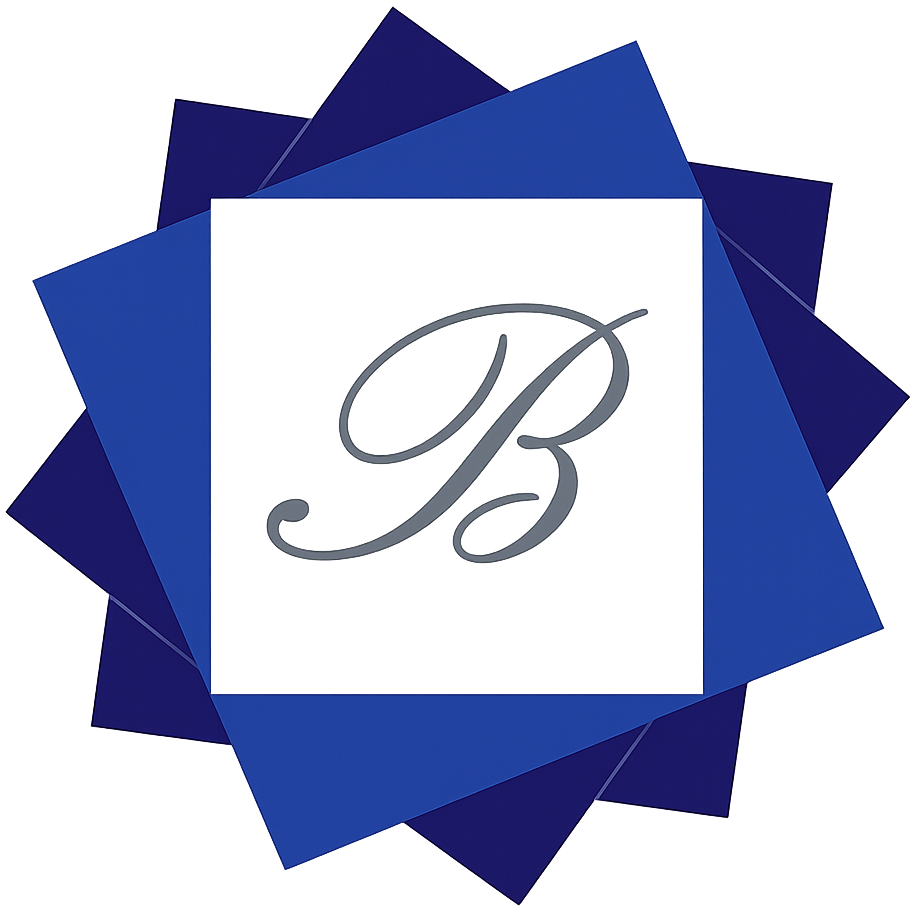 Blue layered star logo with a white center and a gray cursive letter “B”