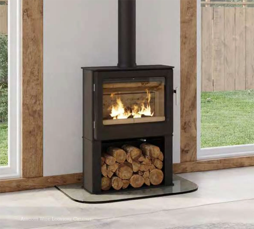 wood burning stove with log store
