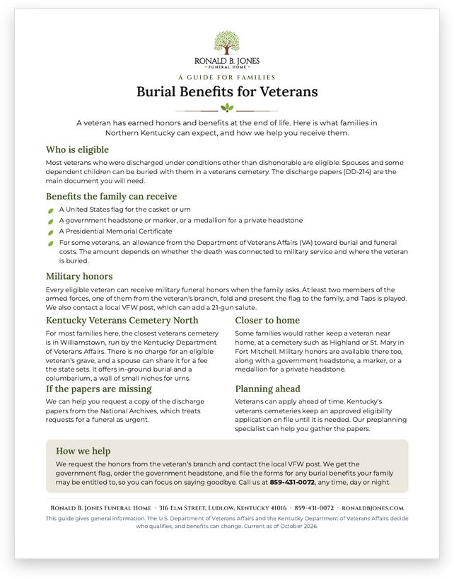 Cover of the guide Burial Benefits for Veterans, from Ronald B. Jones Funeral Home