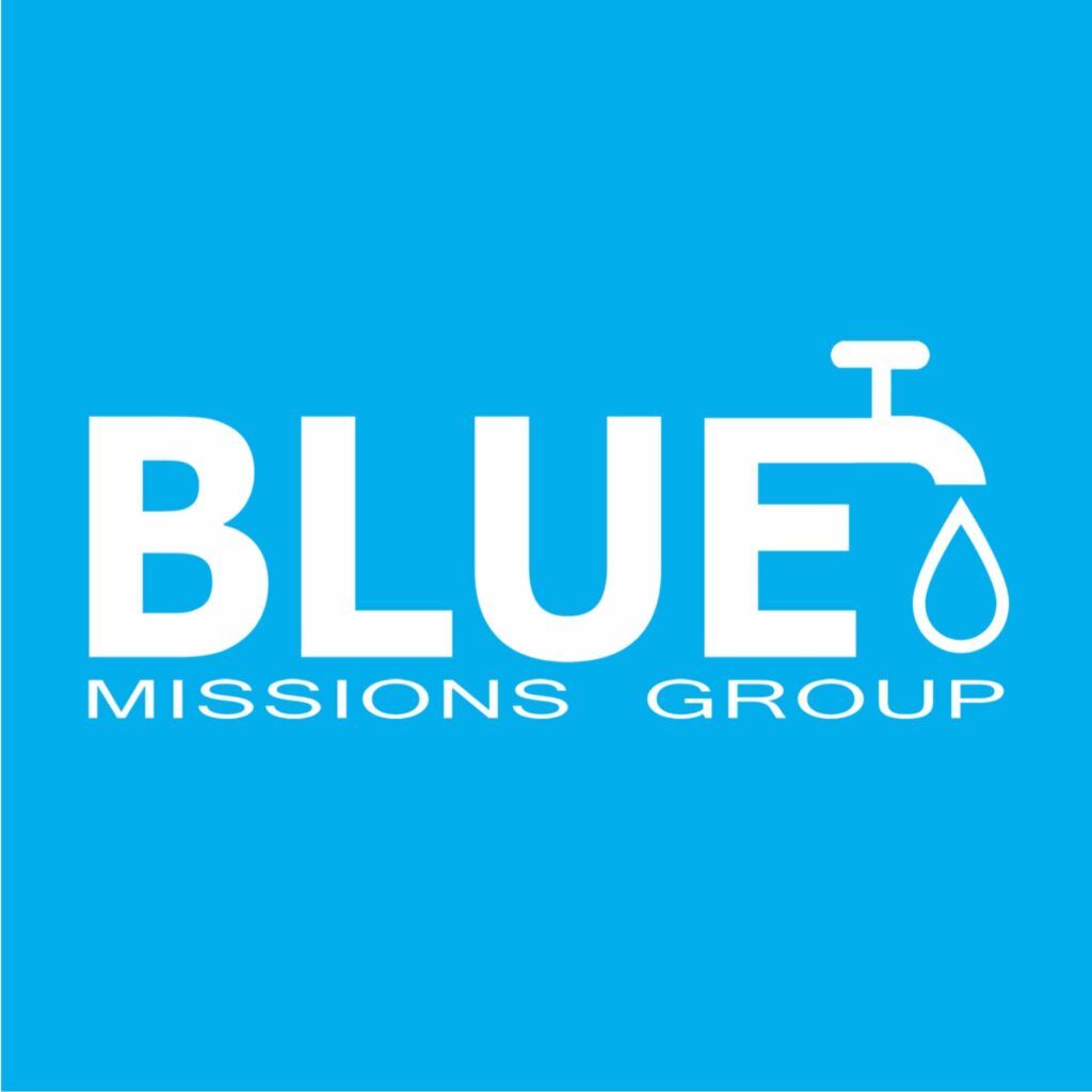 Blue missions group logo on a blue background
