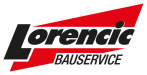 Der schwarze Text „Lorencic“ und „BAUSERVICE“ innerhalb einer roten, stilisierten Trapezform auf weißem Hintergrund.
