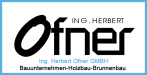 Logo für die Ing. Herbert Ofner GmbH mit Firmennamen, spezialisiert auf Bauwesen, Holzverarbeitung und Brunnenbohrung.