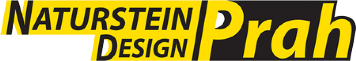 Ein Logo mit dem schwarzen Text „NATURSTEIN DESIGN“ auf gelbem Hintergrund