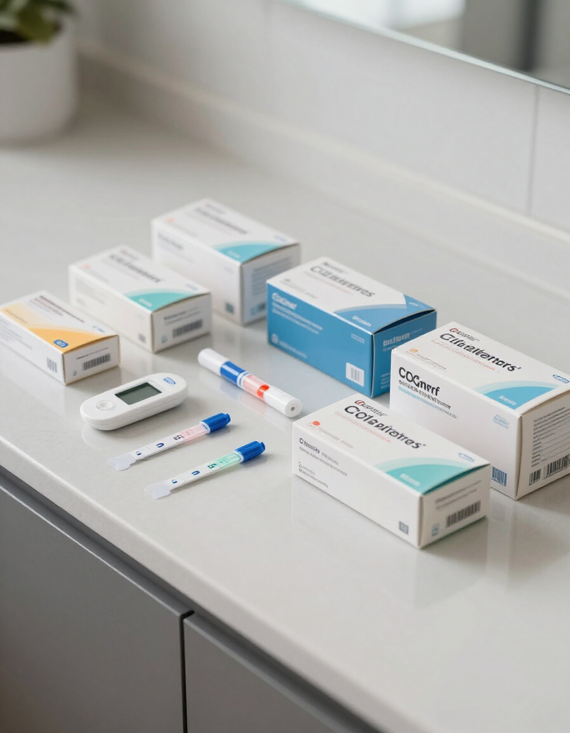 Organized sealed diabetic supply boxes on a clean countertop