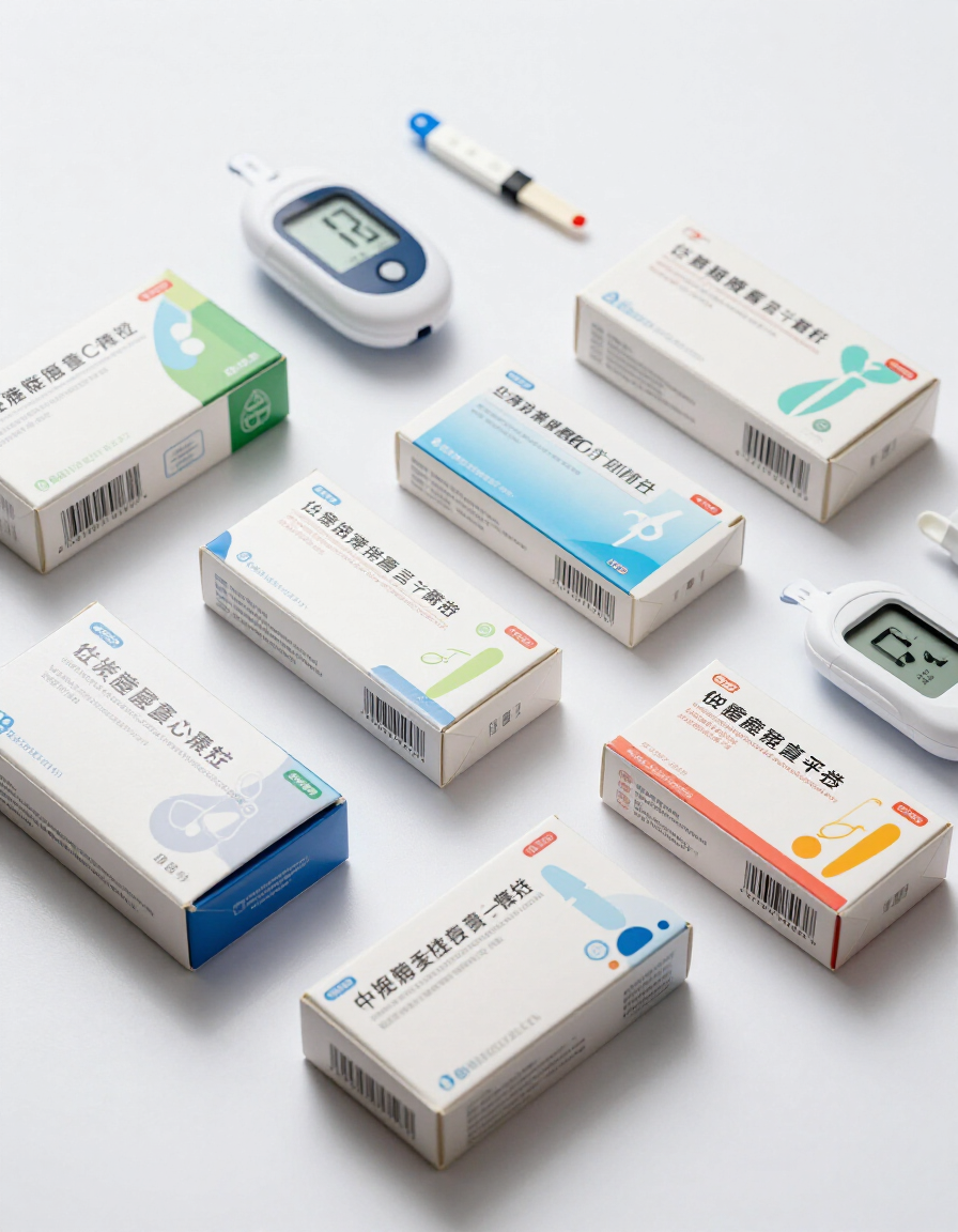 Sealed boxes of diabetic test strips and CGM sensors arranged on a white surface