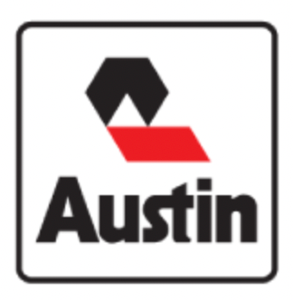 A logo for austin with a red triangle on it