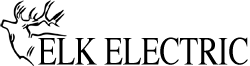 A black and white logo for elk electric with a deer on it.