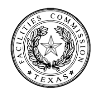 A black and white logo for the facilities commission of texas