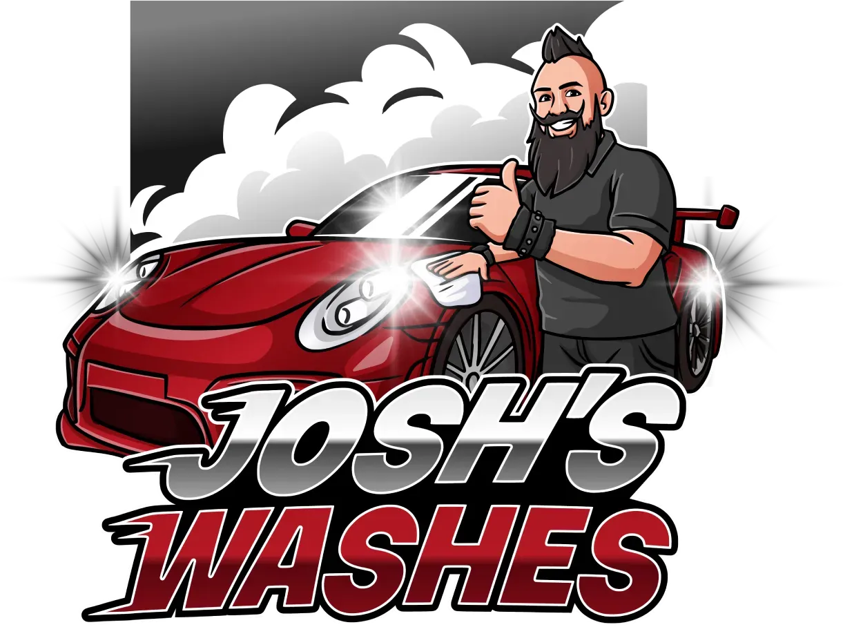 Logo of a red sports car being washed by a smiling bearded man with the text &ldquo;JOSH&rsquo;S WASHES&rdquo;