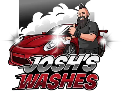 Logo of a red sports car being washed by a smiling bearded man with the text “JOSH’S WASHES”