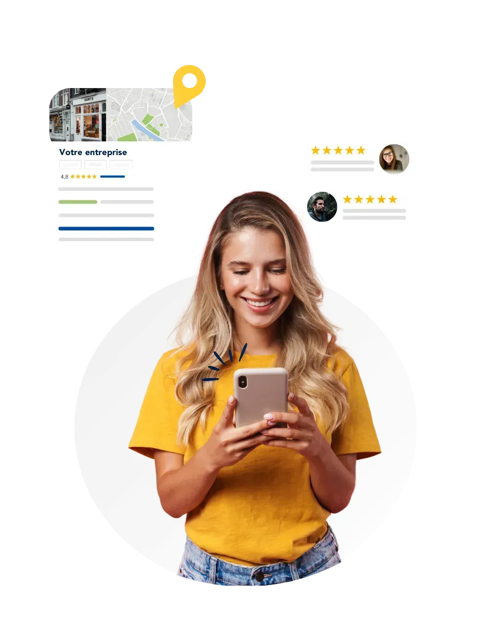 Femme souriante, tenant son téléphone, consultant les informations, la carte et les avis sur les commerces locaux.