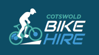 The logo for cotswold bike hire shows a man riding a bike down a hill.