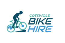 The logo for cotswold bike hire shows a man riding a bike down a hill.