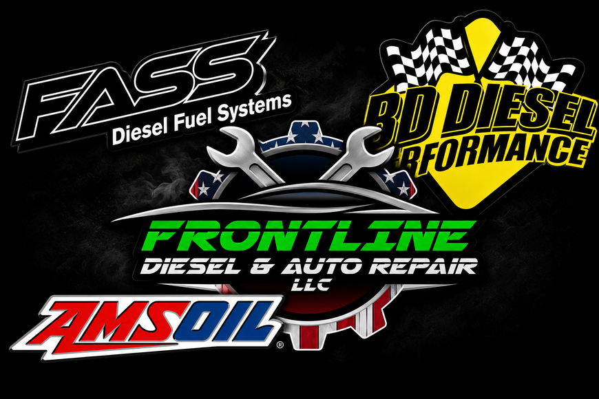 Collage of automotive diesel repair logos with wrenches, gears, and black background