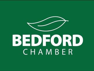 Bedford Chamber logo on green background with white leaf icon and text