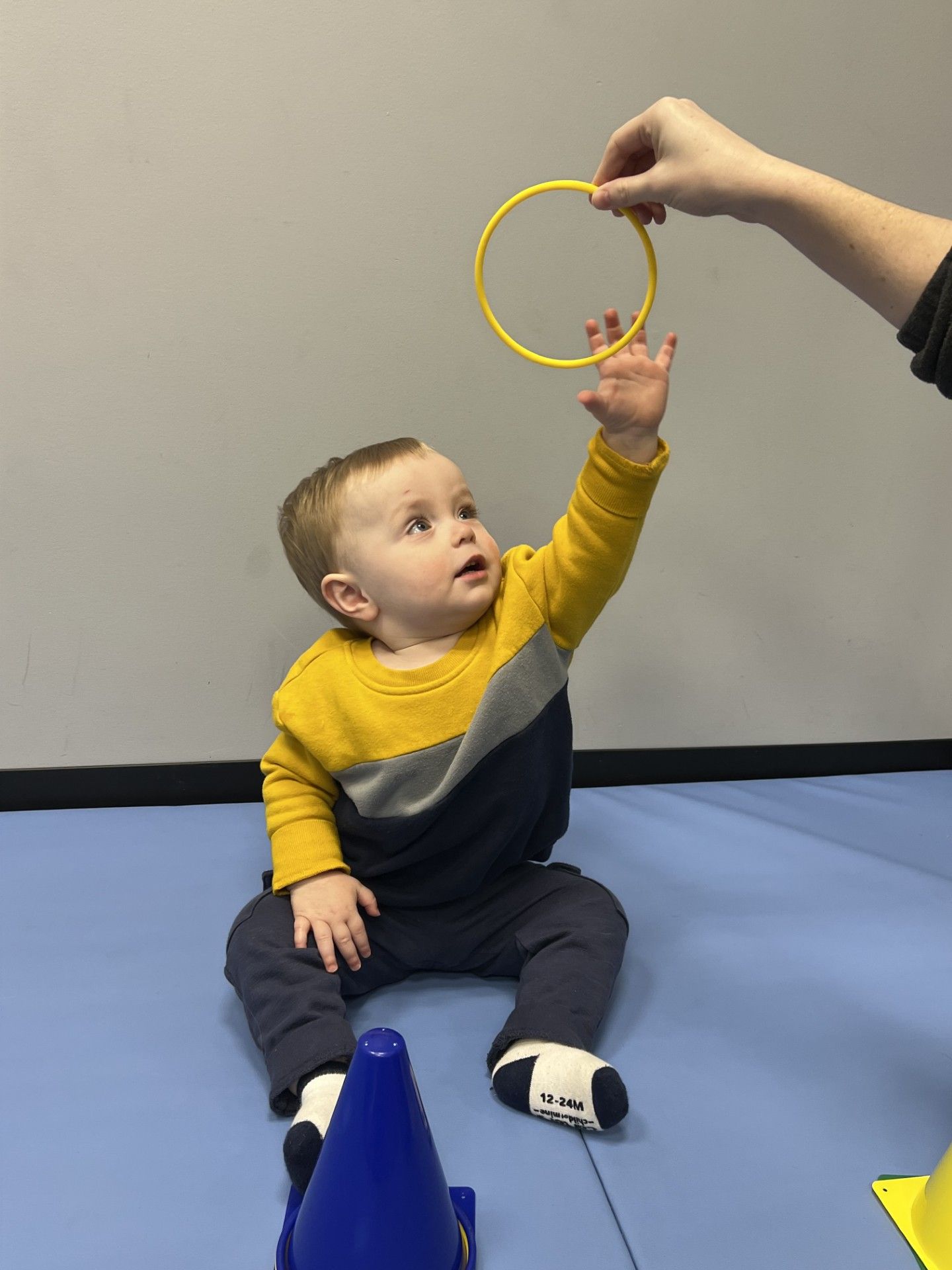 Child reaching up for a yellow ring held by an adult in a playroom, seated on a blue mat.