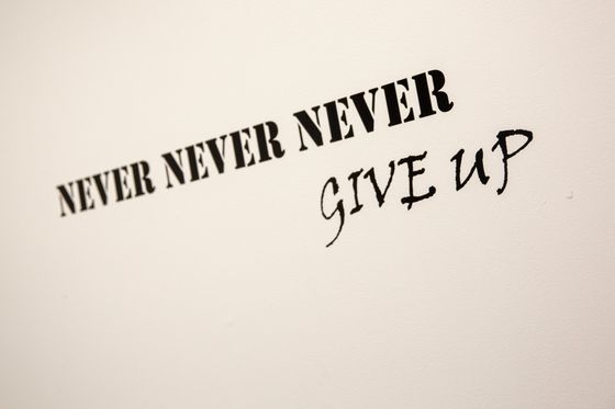 Inspirational wall text reading “Never Never Give Up” in black lettering on a light background