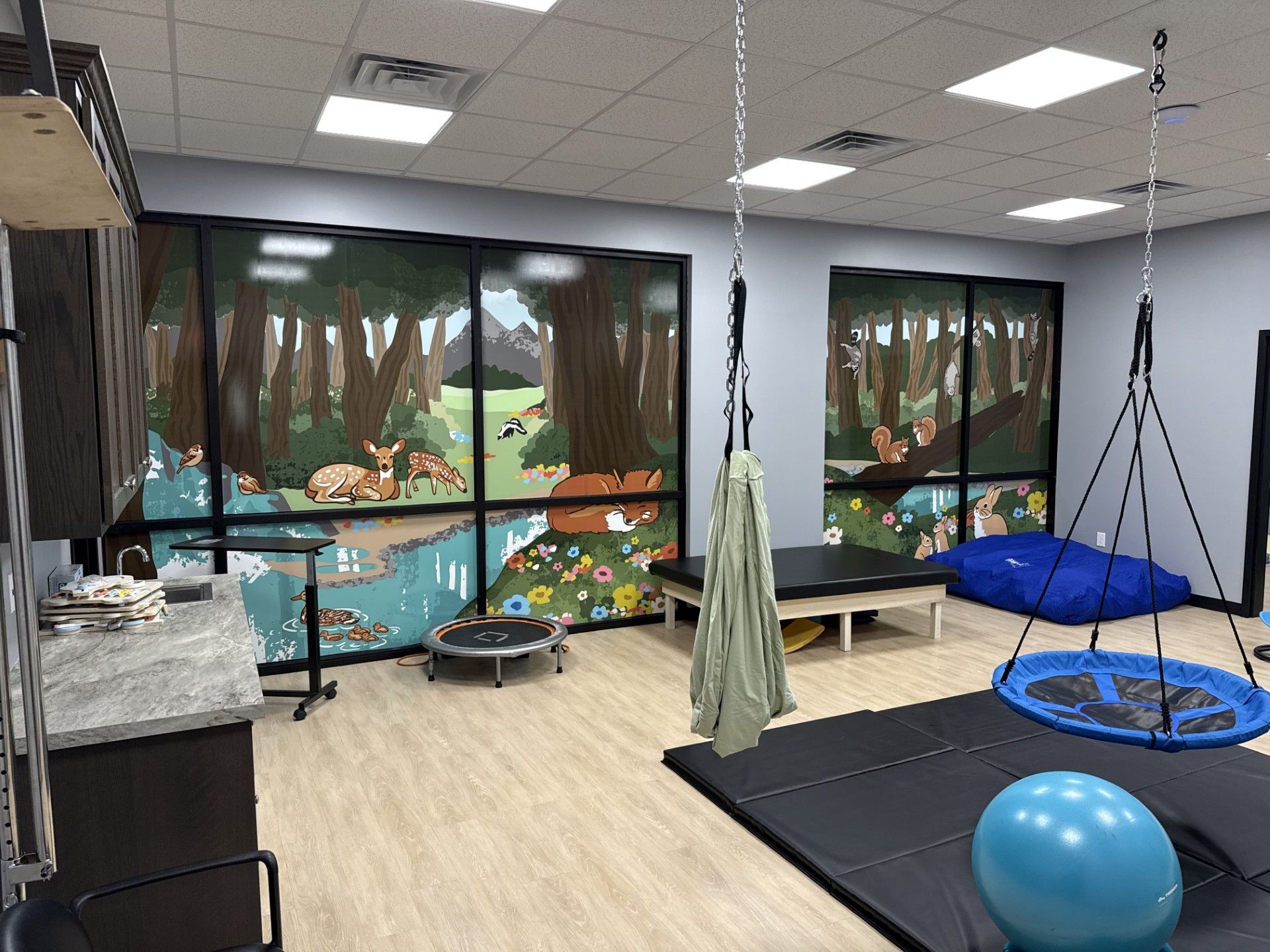 Sensory room with hanging swings, mats, a blue ball, and forest mural walls