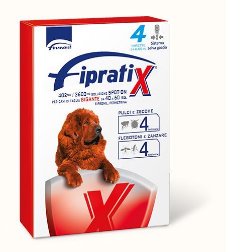 Scatola di FipratiX per cani, raffigurante un Chow Chow rosso. Scatola bianca con dettagli rossi; indica il trattamento contro pulci e zecche.