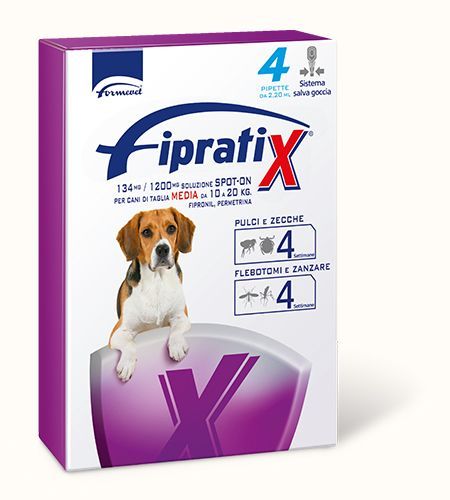 Scatola di trattamento antipulci e zecche FipratiX per cani, raffigurante un beagle su una confezione viola e bianca.