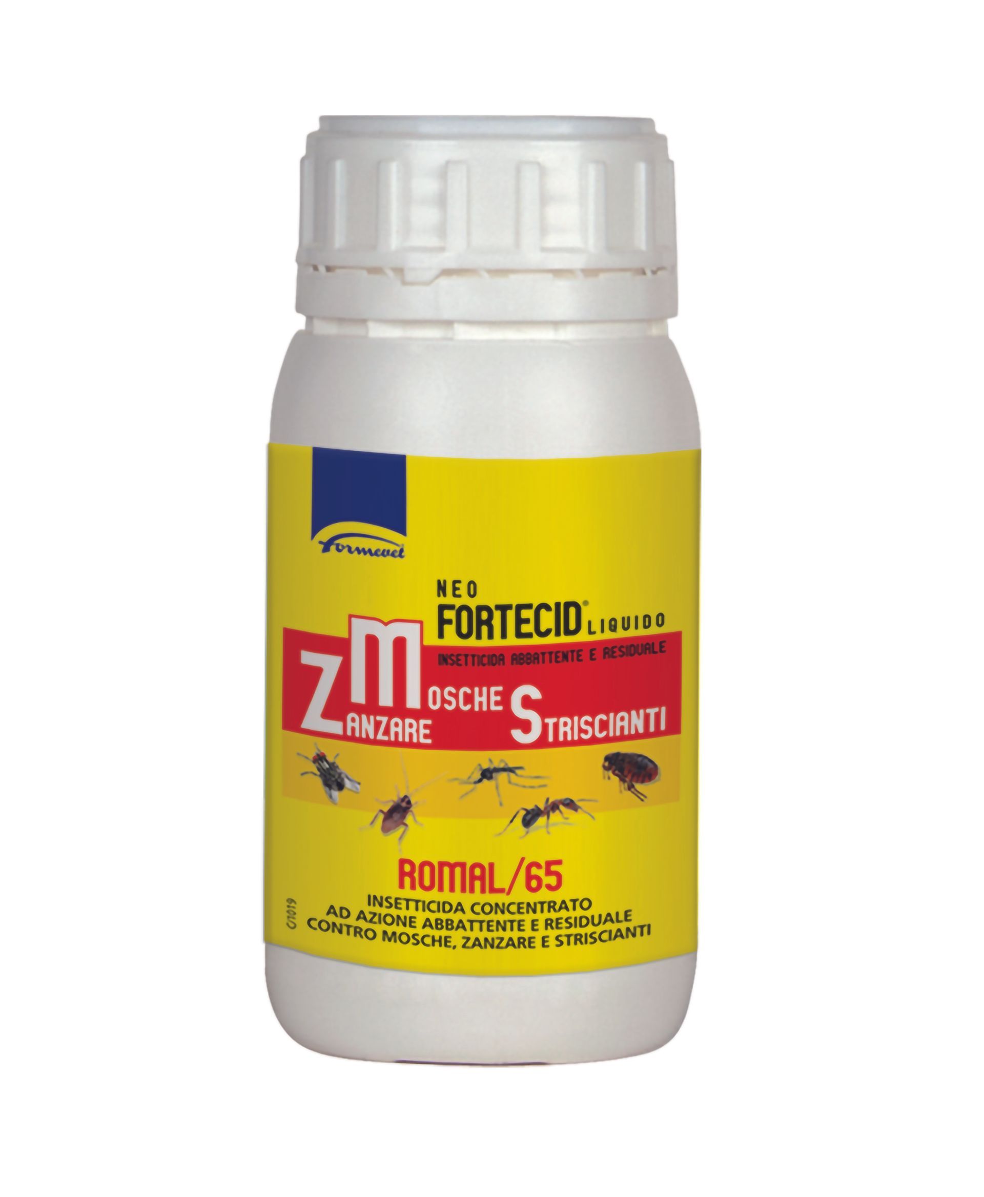 Flacone di insetticida bianco e giallo con etichetta