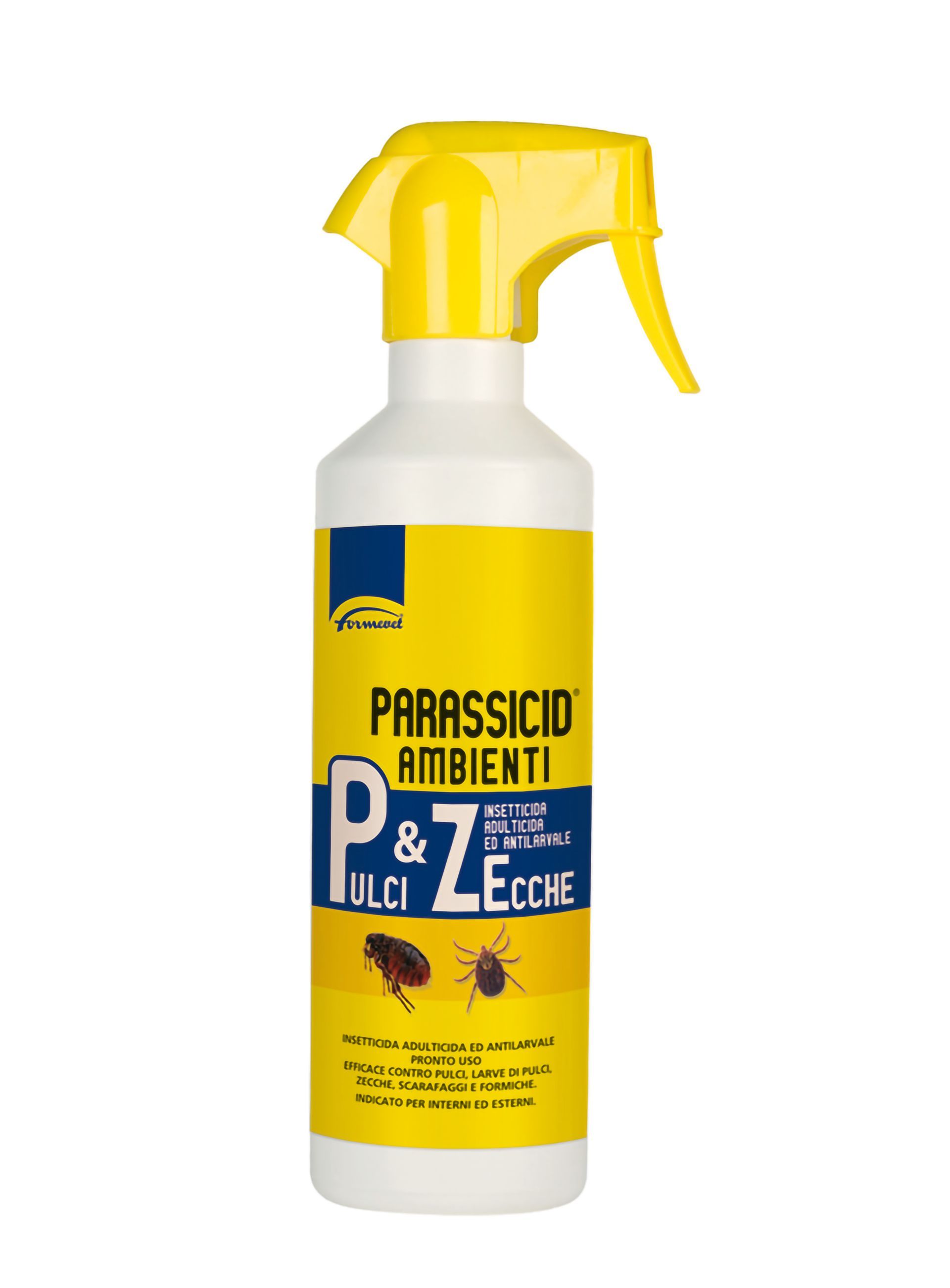 Flacone spray giallo e bianco con l'etichetta