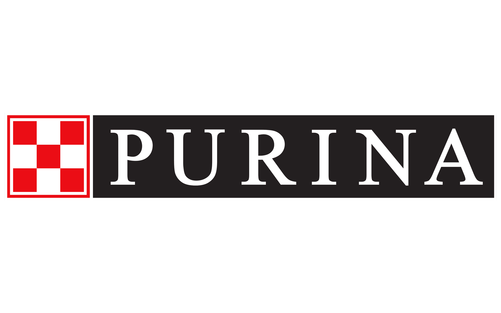 Logo Purina con un quadrato a scacchi rossi e bianchi accanto alla parola
