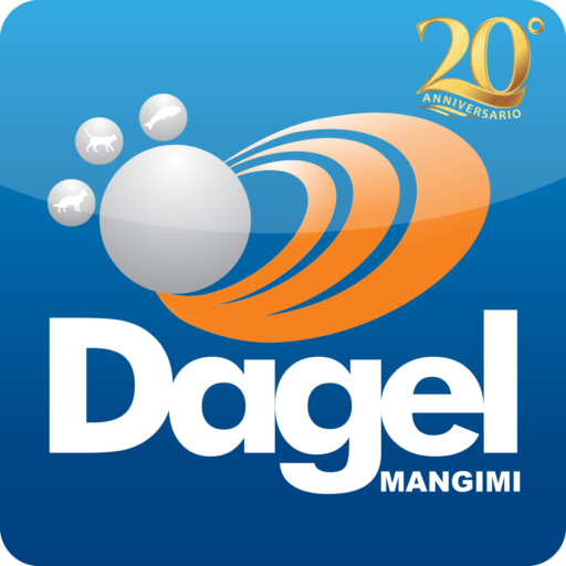 Logo Dagel Mangimi: testo bianco, vortice arancione, impronta di zampa con animali domestici, 