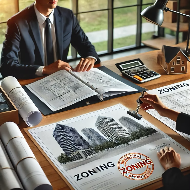 Man in suit reviews plans with documents, zoning sign, and stamp at desk.