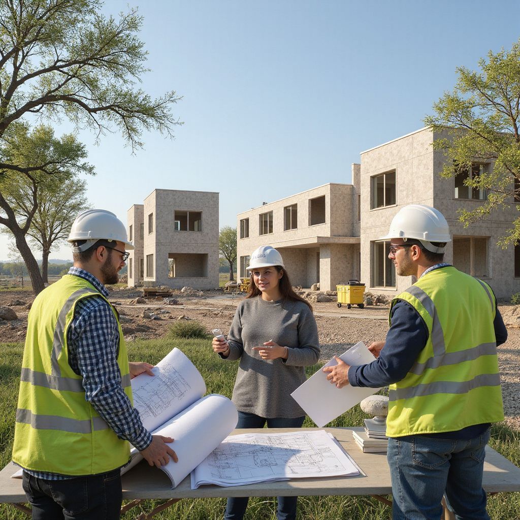 Three people in hard hats and vests review blueprints at a construction site.