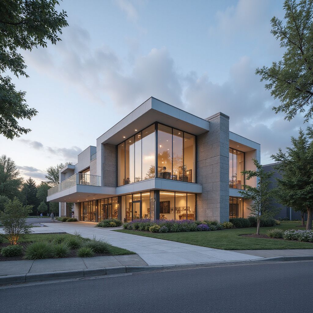 Modern two-story building with large windows and brick exterior. Pathway leads to entrance. Trees and landscaping surround.