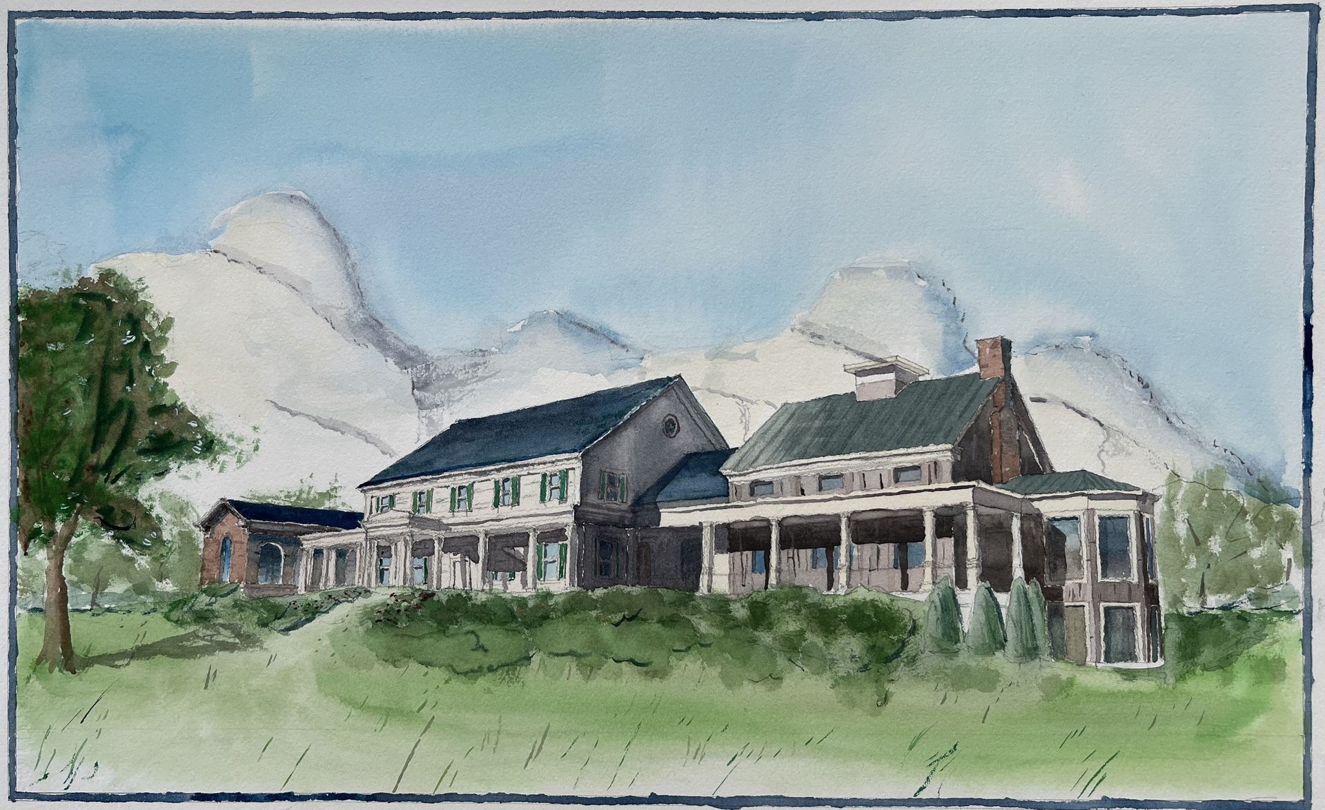 Watercolor of a rural farmhouse with outbuildings, green grass, and a cloudy blue sky.