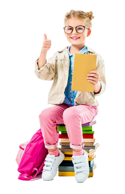 Little girl sitting on the pile of books — Verona, WI — Once Upon a Time Childcare Center Little girl sitting on the pile of books — Verona, WI — Once Upon a Time Childcare Center