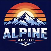 ALPINE AIR logo with blue mountains and an orange sunset backdrop