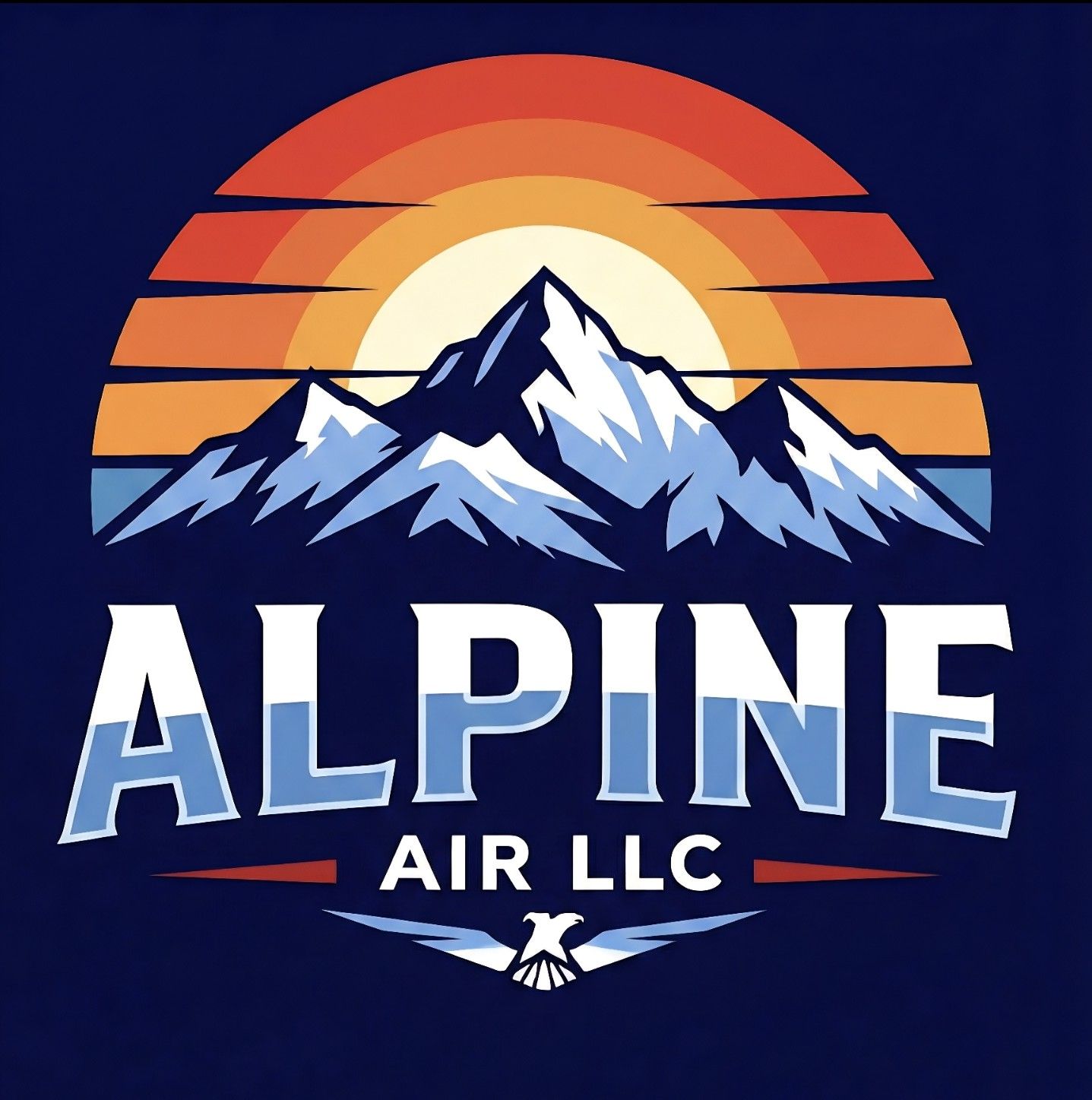 ALPINE AIR logo with blue mountains and an orange sunset backdrop
