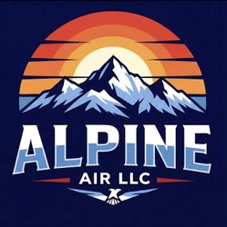 ALPINE AIR logo with blue mountains and an orange sunset backdrop