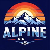 ALPINE AIR logo with blue mountains and an orange sunset backdrop
