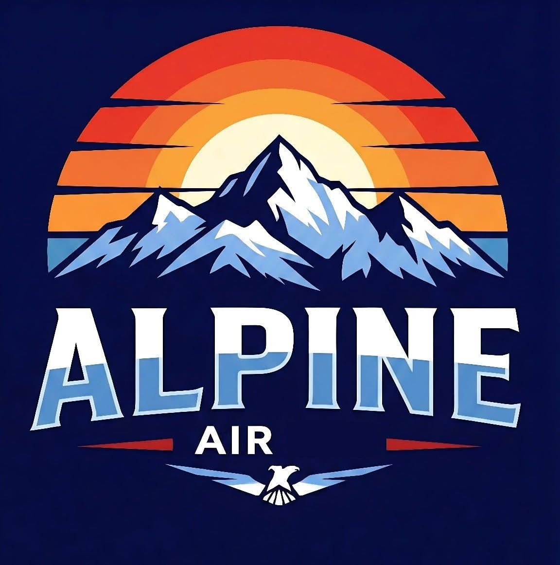 ALPINE AIR logo with blue mountains and an orange sunset backdrop