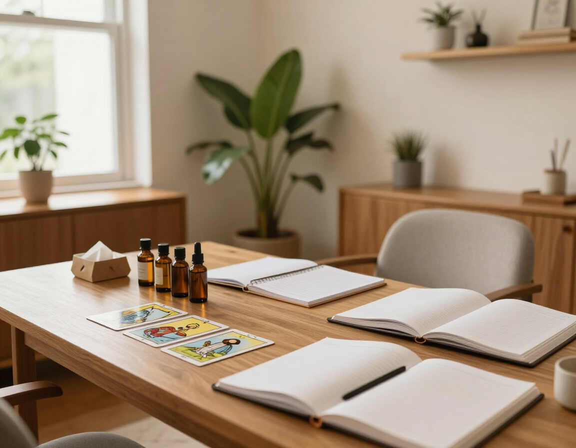 Escritorio de madera con cuadernos abiertos, materiales de arte y una planta en una luminosa oficina en casa