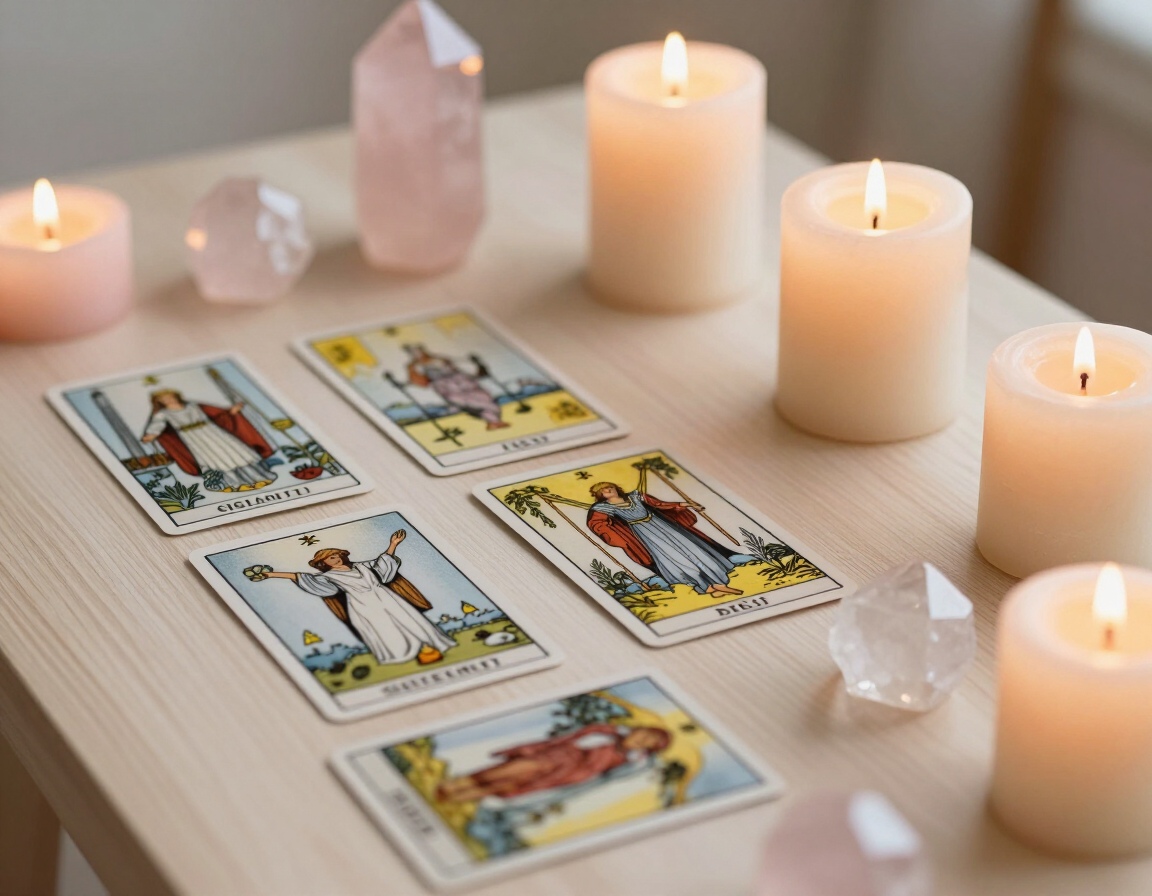 Cartas del tarot sobre una mesa rodeadas de velas encendidas y cristales transparentes