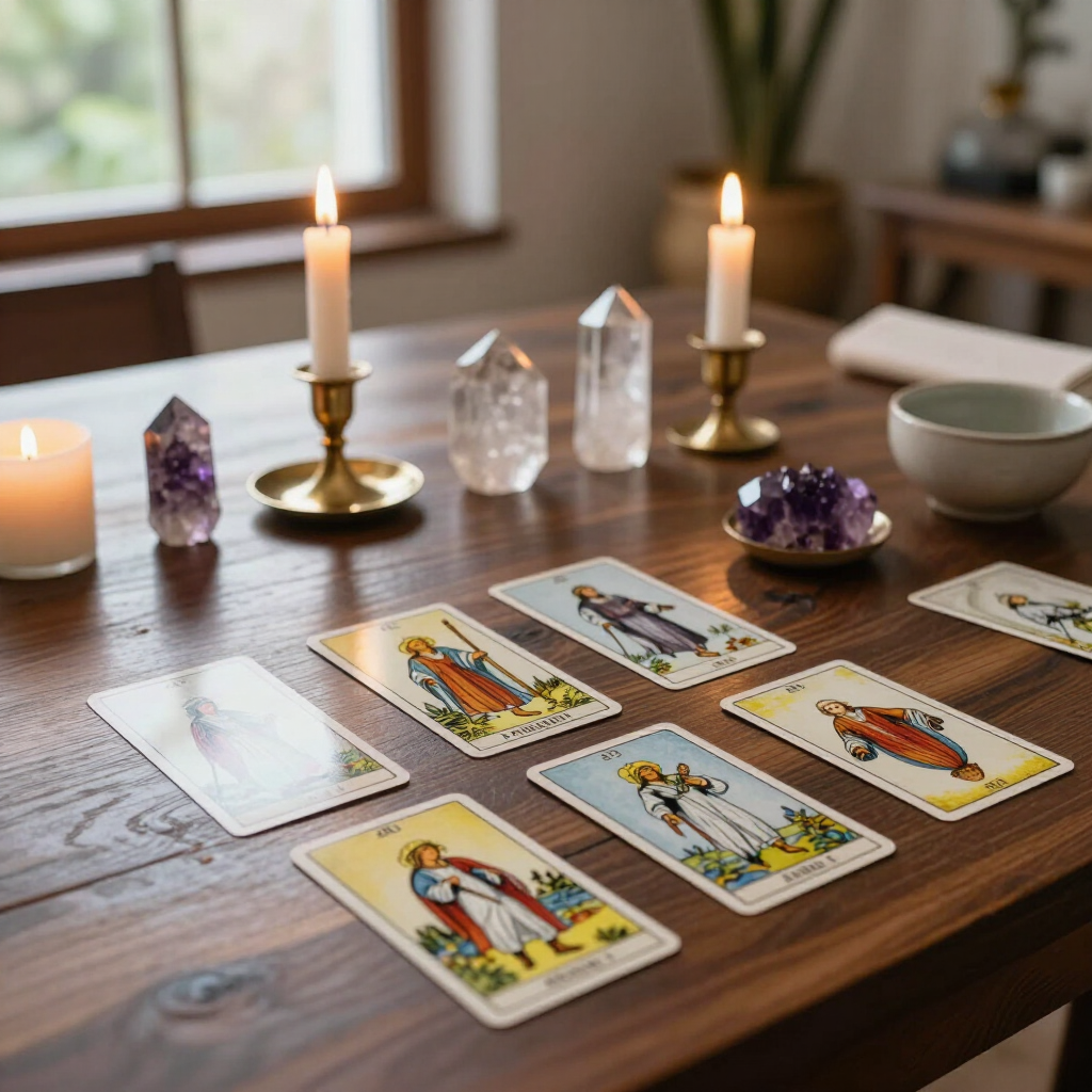 Cartas del tarot dispuestas sobre una mesa de madera, con velas encendidas y cristales, en un ambiente tranquilo de interior