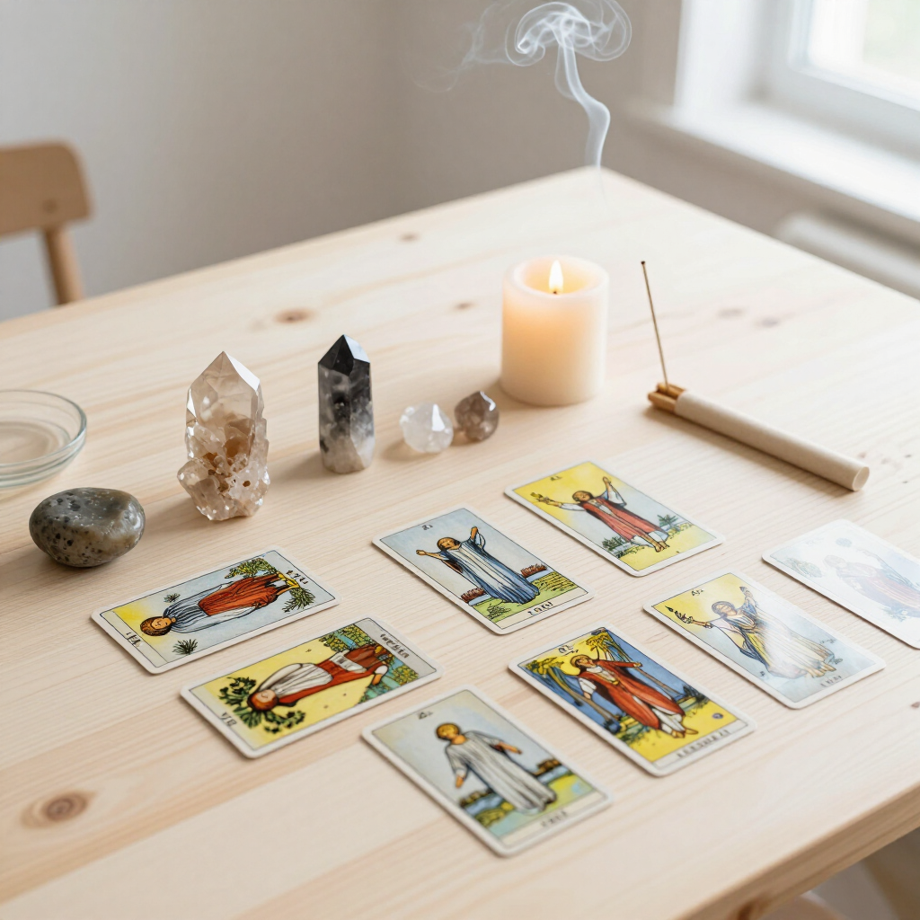 Cartas del tarot dispuestas sobre una mesa de madera clara, con cristales, una vela encendida y humo de incienso