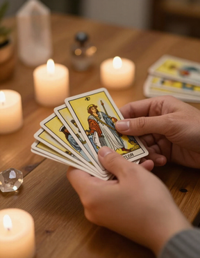 Unas manos sostienen cartas del tarot junto a velas encendidas sobre una mesa de madera