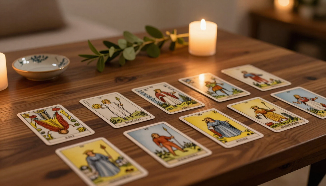Cartas del tarot dispuestas sobre una mesa de madera junto a una vela encendida y unas plantas pequeñas.