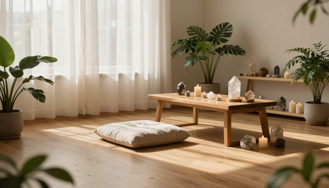 Luminoso espacio de yoga con cojines en el suelo, una mesa de madera, plantas y la suave luz del sol que se filtra a través de cortinas translúcidas