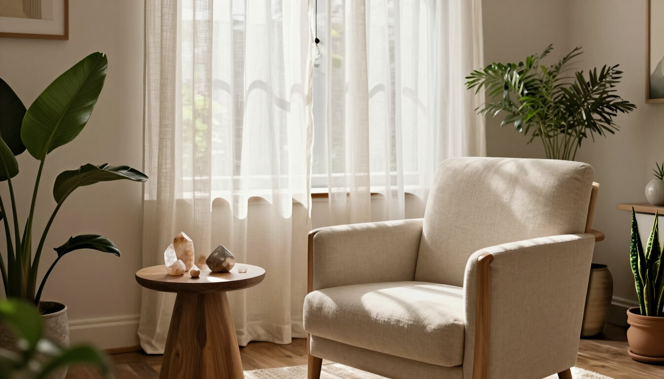 Salón luminoso con un sillón color crema, cortinas translúcidas, una mesita auxiliar de madera y plantas en macetas.