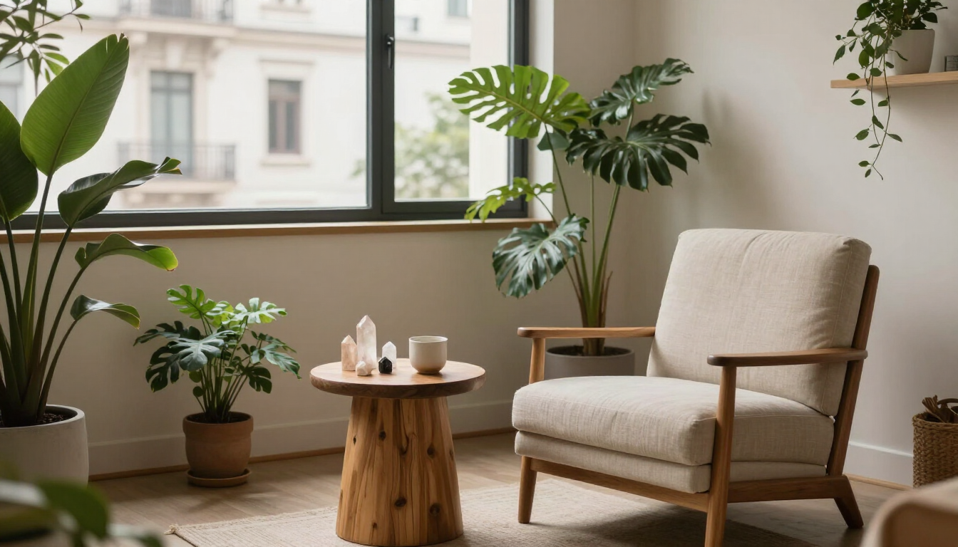 Acogedora sala de estar con un sillón beige, una mesita de madera, plantas en macetas y una ventana grande